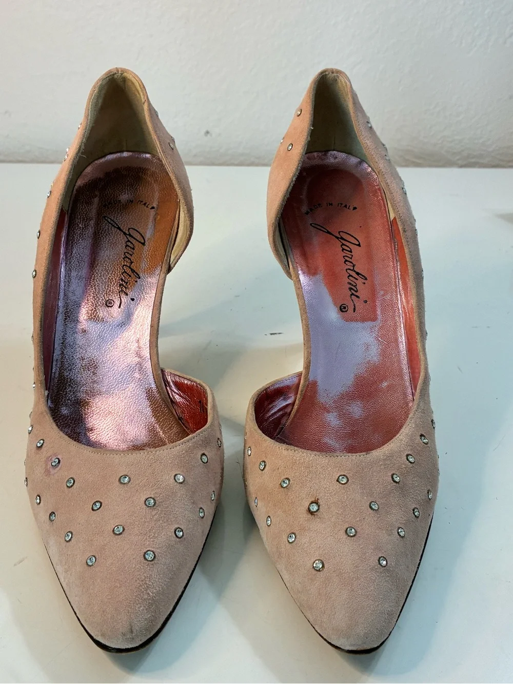 Garolini 10M Women’s Suede Pointed Toe Slip-On Rhinestone Pink Pumps Italy READ